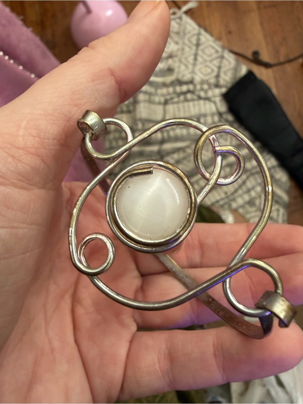 Silver-Tone Swirl Bracelet with White Cabochon